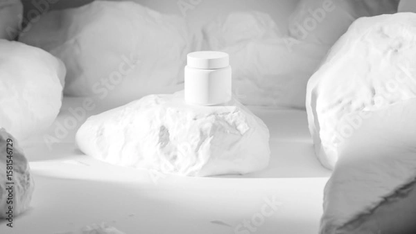 Fototapeta Minimalist black beauty container mockup displayed on a rugged rock podium with dramatic lighting. Ideal for skincare, cosmetics, or branding presentations. Premium photo 3d render.