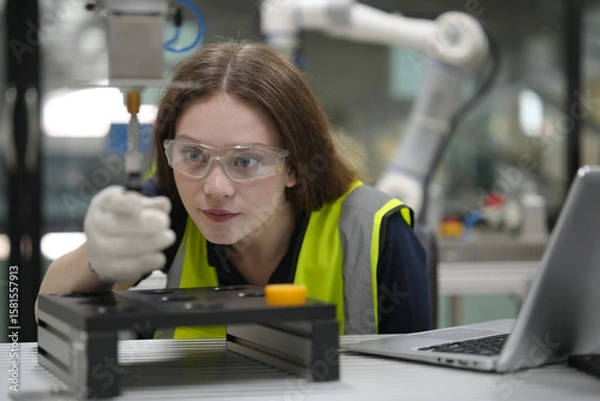 Fototapeta Caucasian engineer woman working on AI technology in robotics electronics engineering laboratory. University students' research project is programming robot machine with intelligent mechanical control