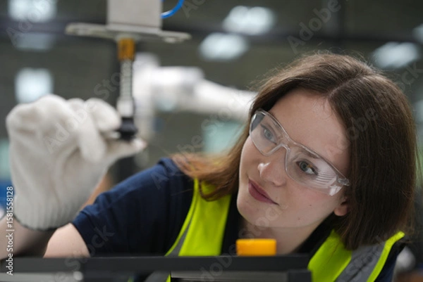 Fototapeta Caucasian engineer woman working on AI technology in robotics electronics engineering laboratory. University students' research project is programming robot machine with intelligent mechanical control