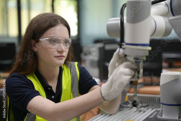 Fototapeta Caucasian engineer woman working on AI technology in robotics electronics engineering laboratory. University students' research project is programming robot machine with intelligent mechanical control