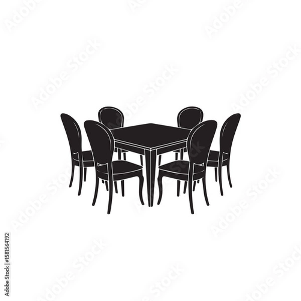 Fototapeta Elegant black silhouette of a square dining table surrounded by six classic upholstered chairs on a white background