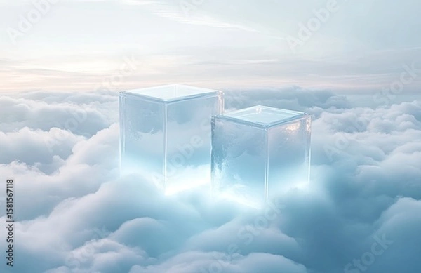 Obraz Two translucent cubes float above clouds in soft light
