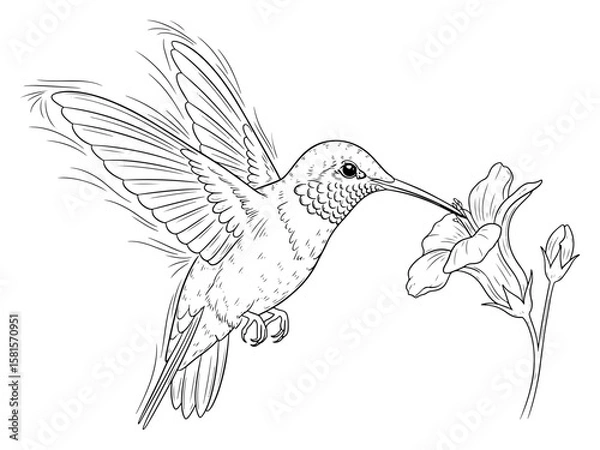 Fototapeta A Detailed Line Art Illustration of a Hummingbird Feeding from a Flower