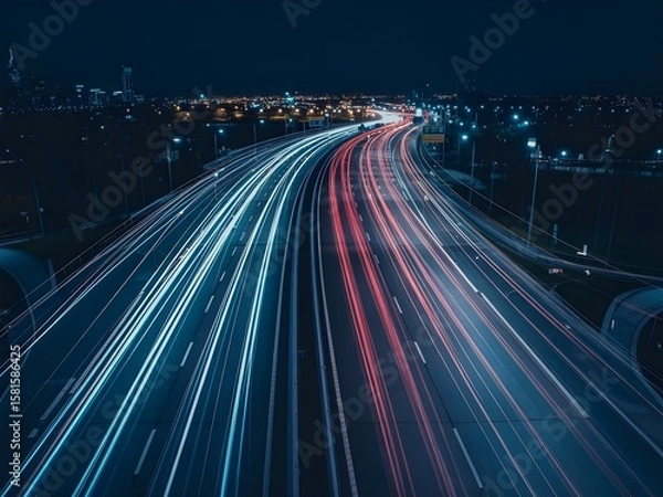 Fototapeta Stunning aerial view of illuminated highway light trails at night, showcasing dynamic movement and urban landscape. Perfect for concepts of speed, transportation, and modern infrastructure