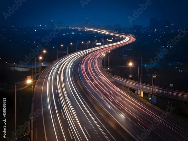 Fototapeta Stunning aerial view of illuminated highway light trails at night, showcasing dynamic movement and urban landscape. Perfect for concepts of speed, transportation, and modern infrastructure
