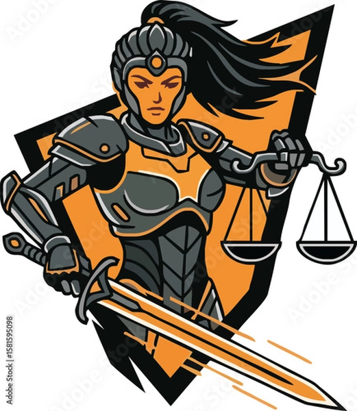 Fototapeta A futuristic female warrior, clad in armor, wielding a sword and scales of justice, symbolizing strength and legal authority.