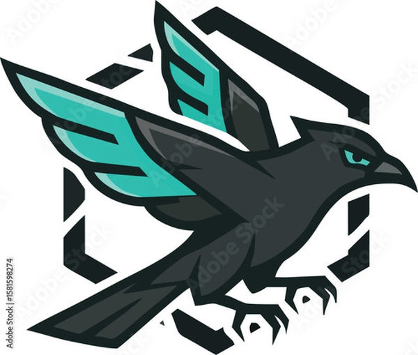 Obraz Stylized black bird with teal wings in flight, set against a geometric hexagonal background.