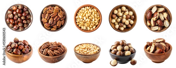 Obraz Collection of Chestnuts in a bowl top view isolate on transparency background