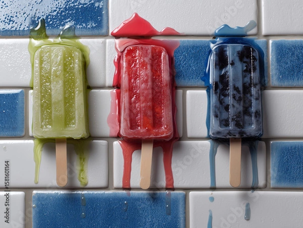 Fototapeta Beat the heat with a popsicle trio featuring strawberry, lime, and blueberry flavors on sticks