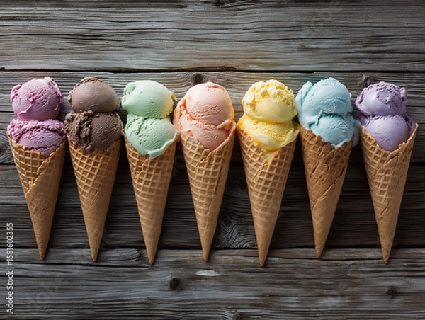 Obraz Row of Artisanal Ice Cream Cones Showcases Assorted Flavors Lined Up for Summer Treat Inspiration