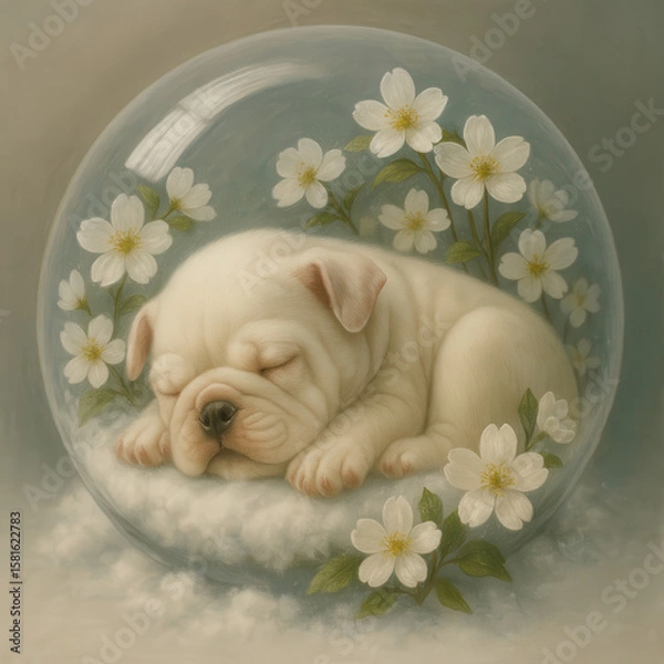 Fototapeta White bulldog sharpei puppy sleeping inside a transparent bubble surrounded by white flowers and soft light