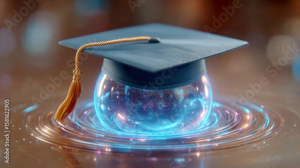 Fototapeta Graduation cap on glowing sphere with swirling light effect