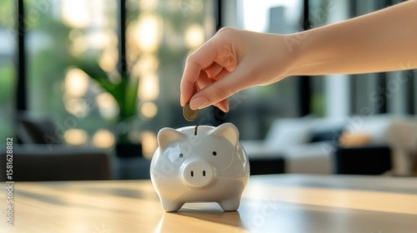 Fototapeta hand putting coin into piggy bank symbolizing saving money in economy modern