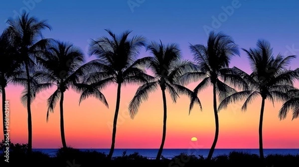Fototapeta Sunset with a row of tall palm trees silhouetted against the sky