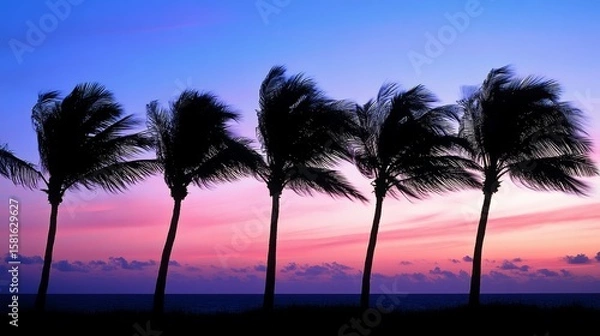 Fototapeta Sunset with a row of tall palm trees silhouetted against the sky