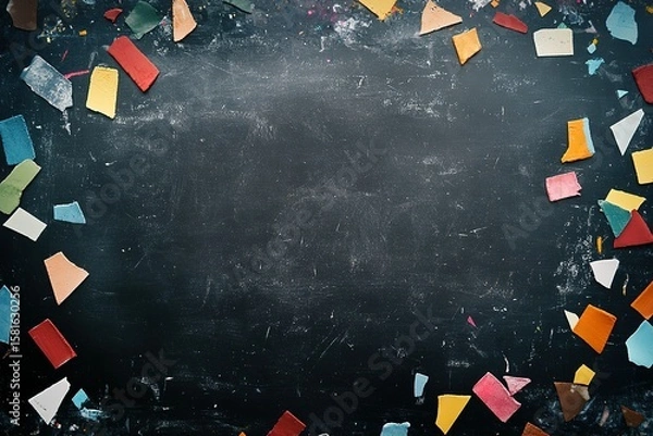 Obraz A blank chalkboard with colorful chalk pieces scattered around it, symbolizing the potential for creative learning and expression in education. The background is a dark gray to convey