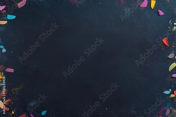 Obraz A blank chalkboard with colorful chalk pieces scattered around it, symbolizing the potential for creative learning and expression in education. The background is a dark gray to convey