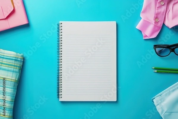 Obraz A blank sheet of notebook paper surrounded by colorful stationery and office supplies on a vibrant blue background, symbolizing the study materials for school or work. Commercial photograph