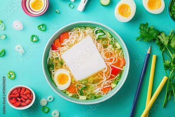 Obraz A bowl of noodles on a green table with slice egg and some surrounding vegetable with two pencil yellow and blue.