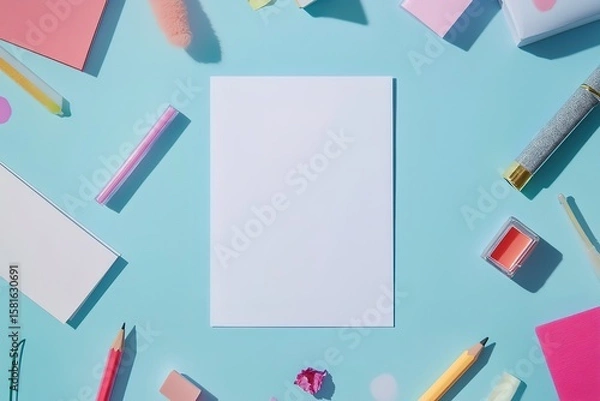 Obraz A blank sheet of notebook paper surrounded by colorful stationery and school supplies on an isolated blue background with copy space for text or design, flat lay. Detailed illustration