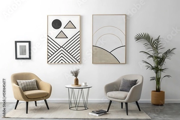 Fototapeta Living room interior showcasing modern art prints above comfortable armchairs and a stylish coffee table enhancing home decor