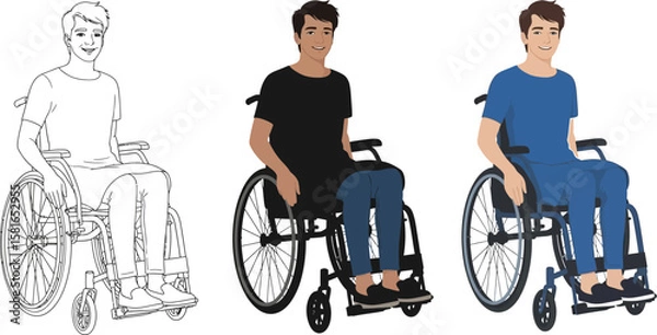 Fototapeta Smiling man sitting in wheelchair depicted in line art and color versions