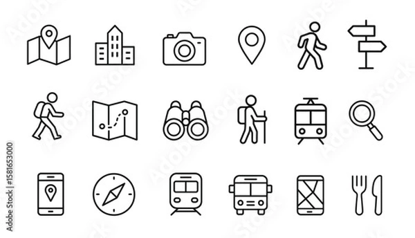 Fototapeta Set of travel and navigation outline icons with map, location pin, compass, transportation, hiking, camera, binoculars, and smartphone navigation