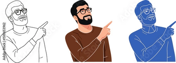 Fototapeta Bearded man points upward in various artistic styles for concept illustrations