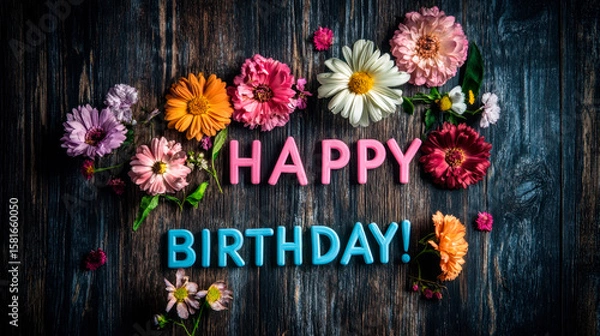 Fototapeta A beautiful arrangement of flowers in various colors and sizes, arranged to form the words "HAPPY BIRTHDAY!" on top of an old wooden table