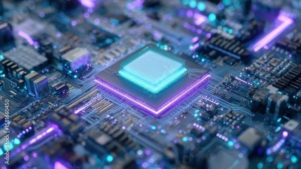 Fototapeta High-Tech Circuit Board with Processor and Colorful LED Lights