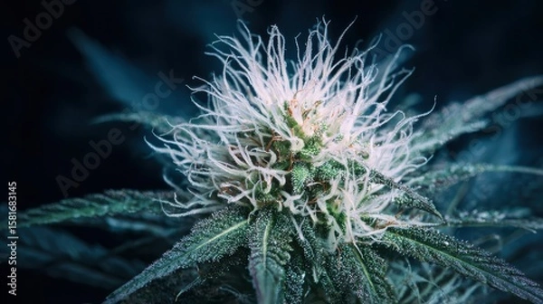 Fototapeta Closeup of Glowing Cannabis Bud with White Trichomes.