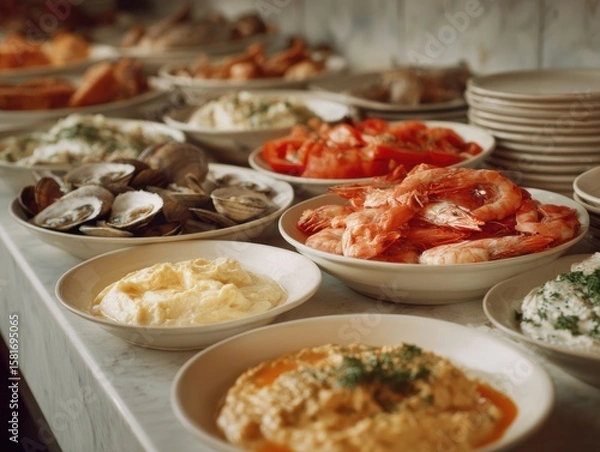 Fototapeta Premium National Fried Clam Day Seafood Buffet with Fresh Shrimp and Oysters, Summer Celebration and Independence Day Feast for Family Marketing Campaigns