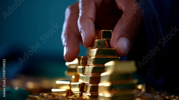 Fototapeta Gold bars and coins in the hands of a businessman, against a golden background with a pile of money.