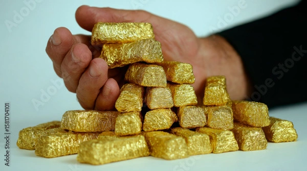 Fototapeta Gold bars and coins in the hands of a businessman, against a golden background with a pile of money.