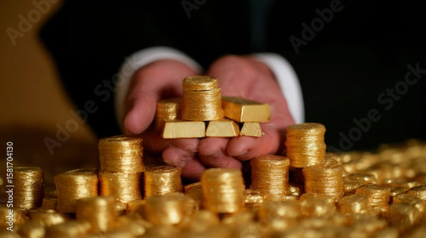 Fototapeta Gold bars and coins in the hands of a businessman, against a golden background with a pile of money.