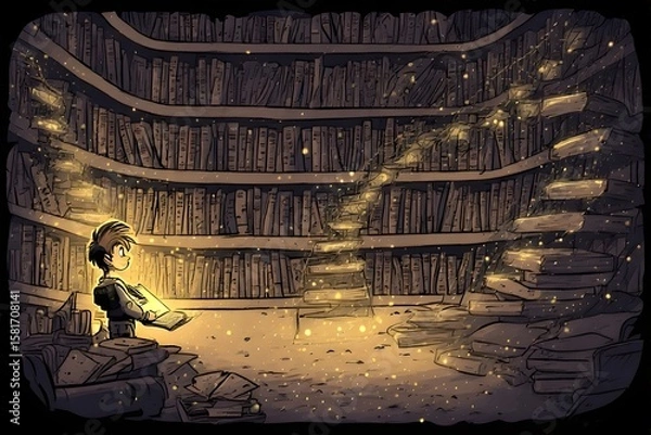 Fototapeta Boy reading magical book amidst towering bookshelves, glowing particles emanating from the open pages.