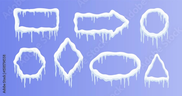 Fototapeta Set of advertising banners featuring snow ice cap designs in various shapes like rectangular, square, oval, arrow and round.