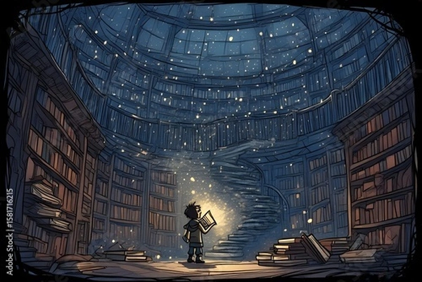 Fototapeta A child explores a magical, circular library filled with books and glowing lights at night.