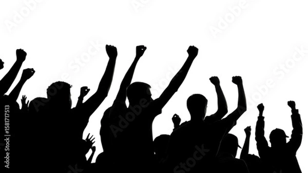 Obraz Black and white silhouette of a crowd with raised fists in excitement isolated on a transparent background