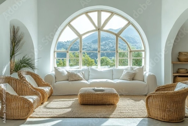 Fototapeta Big arched windows in a room with a white sofa and wicker armchairs, contributing to the modern living rooms airy and natural design, Generative AI