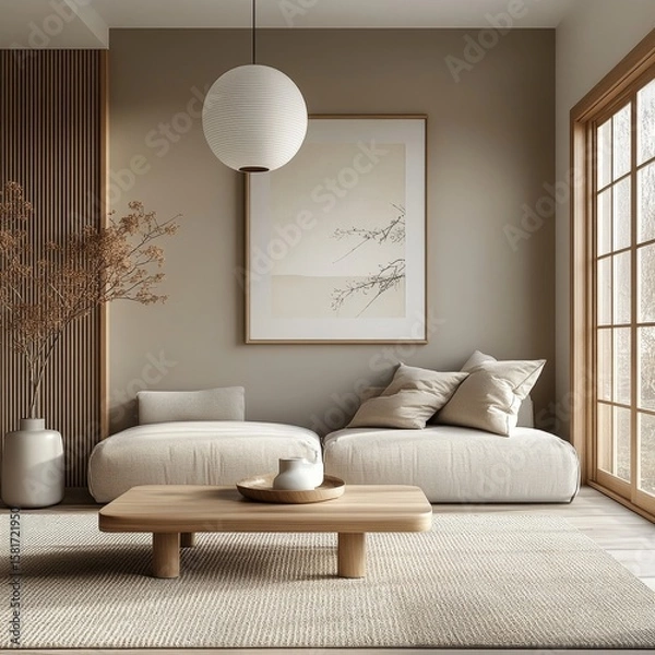 Fototapeta Japandi-style interior design of a modern living room, combining Japanese and Scandinavian elements for a minimalist and calming space, Generative AI