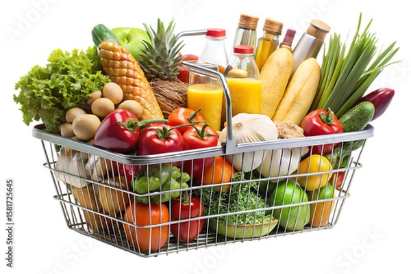 Obraz Full shopping basket overflowing with fresh fruits vegetables eggs and juice bottles isolated on a transparent background