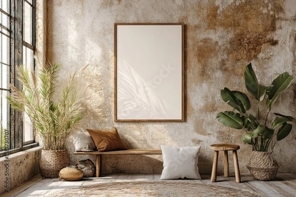 Fototapeta Blank poster near a beige stucco wall in a farmhouse room with boho interior design elements like a wooden stool, Generative AI