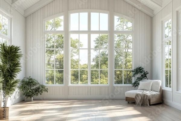 Fototapeta Empty room interior background with white paneling walls, wooden flooring, and a large window, offering a bright and spacious feel. 3D rendering, Generative AI