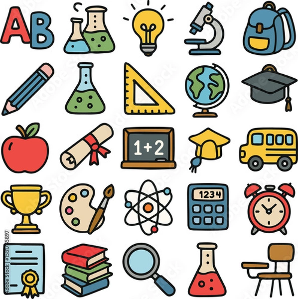 Fototapeta Set of Colorful education icons. Linear doodle style icon vector bundle