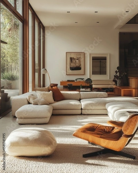 Fototapeta Mid-century interior design of a modern living room, showcasing timeless design elements and furniture, Generative AI