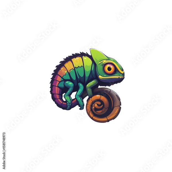 Fototapeta Charming cartoon chameleon perched on a branch, rendered in vibrant colors against a black background offering design versatility.