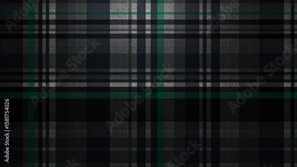 Fototapeta A Black Watch Tartan pattern with a metallic, brushed steel finish, reflecting light with dark navy and green lines, sleek and futuristic for tech-themed backgrounds.