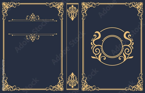 Obraz Decorative leather book cover and old vintage decorative frame. Royal Golden style design. Vintage border to print on book cover. Vector illustration.