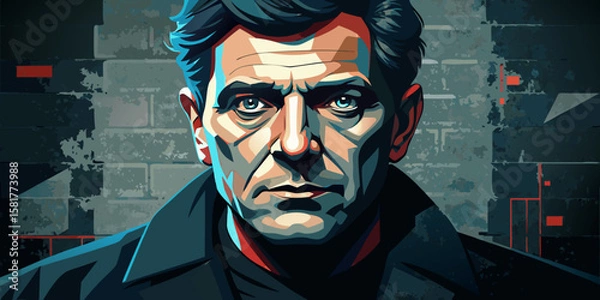 Fototapeta Intense Portrait of a Man with a Determined Gaze Against a Textured Brick Wall Background in a Modern Artistic Style